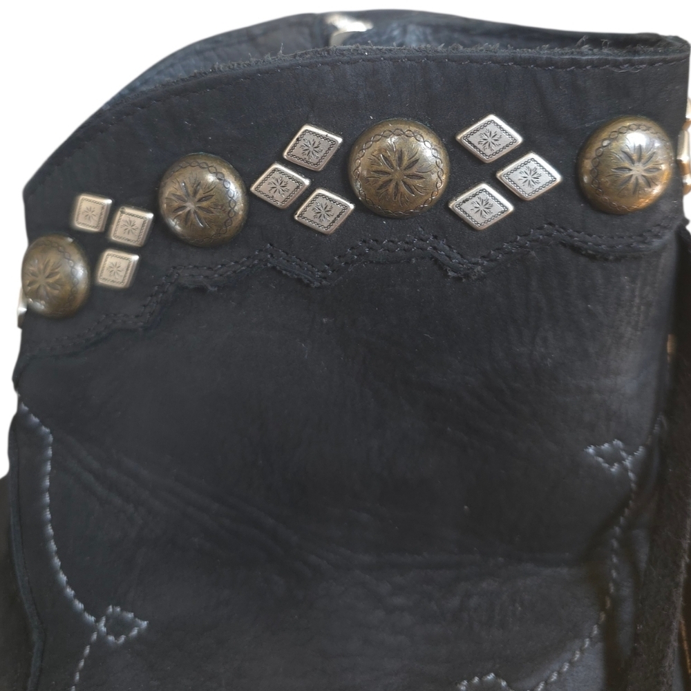 Yippee Ki Yay Old Gringo Black Leather Ankle Boots Fringe & Studded Western 8.5 - Picture 8 of 16